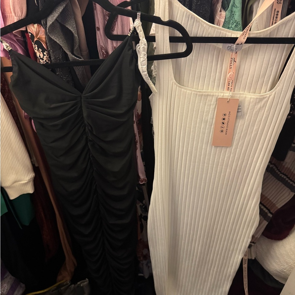 Oh Polly Elegant Black white Ruched Bodycon Dress Night Out